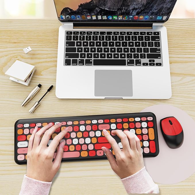 Wireless Keyboard and Mouse Combo Colorful Ergonomic Full Size Retro Low-Noise Keyboard with Cute keycaps Compatible with Windows PC Perfer for Home and Office Keyboards (Black)