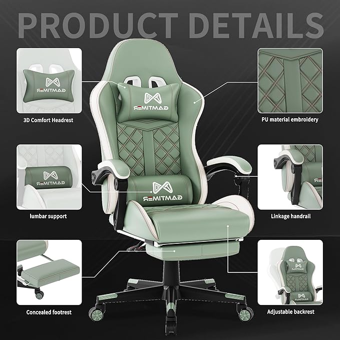Gaming Chair 400 lbs Adult Chair High Back Computer Chair with Footrest and Linked Armrests Office Video Game Chair with Lumbar Support (Green)