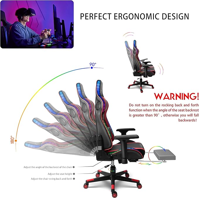 Massaging Gaming Chair with Footrest Video Gaming Chair with LED Light and Speaker Ergonomic Gaming Chair with Headrest and Lumbar Pillow Racing Gaming Chair for Adults.Red