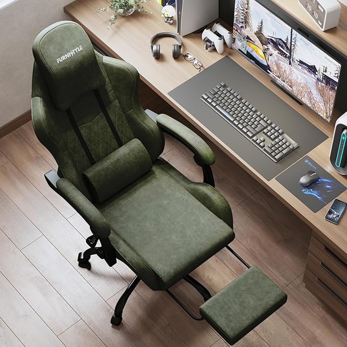 Gaming Chair Big and Tall Green Leather Video Game Chairs with Footrest Padded Linkage Armrests &amp Large Headrest Ergonomic Computer Chair 350lbs for Adults Gaming or Office Use