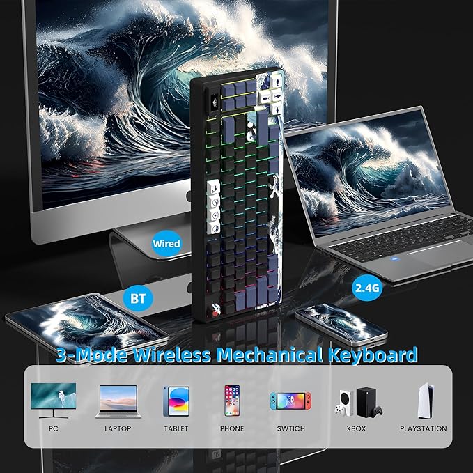 Womier 75% Wireless Mechanical Keyboard with Color Multimedia Screen Anime Gaming Creamy Keyboard 3-Modes Hot Swappable Kanagawa Theme Key Board w/Wrist Rest Gasket RGB Custom for Mac/Win (SK80 PRO)