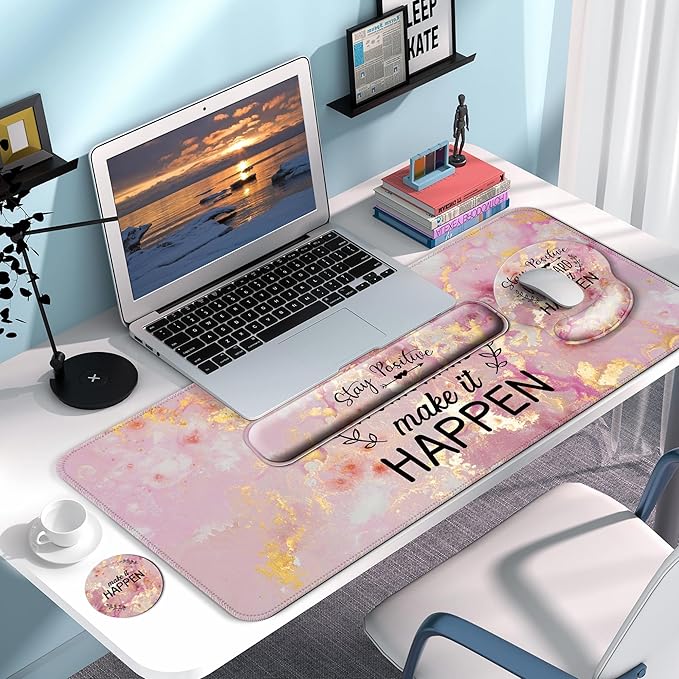 Desk Mat Set + Keyboard and Mouse Pad with Wrist Rest Support4-in-1 Large Mousepad Computer Mats for Desktop Home &amp Office-Pink Positive