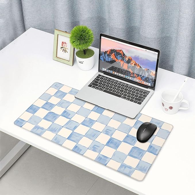 Blue White Checkered Desk Cover MatExtended Large Mouse PadComputer Laptop Mat Desk Decor for Office Game Home 30x16 Inch