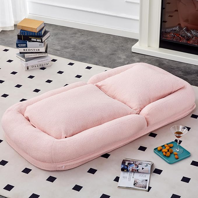 Folding Sofa Chair with 5 Adjustable Positions Plush Floor Lounge Chair for Gaming Meditation and Relaxation (Pink EPU)
