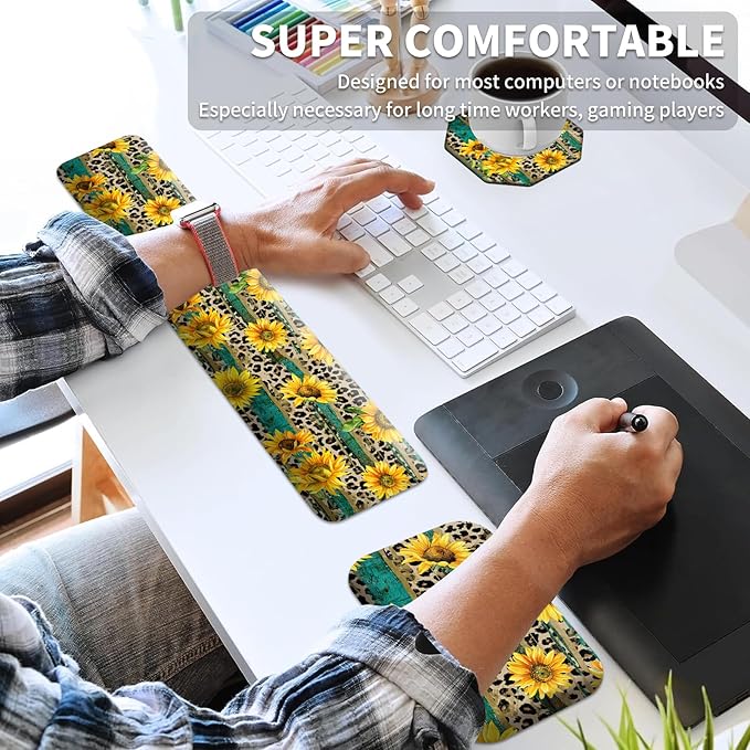 Keyboard Wrist Rest and Mouse Pad Set Keyboard Wrist Support + Small Mouse Pad + Elbow Arm Rest Pad + Coaster Ergonomic Memory Foam Wrist Rest for Computer Keyboard Leopard Sunflower