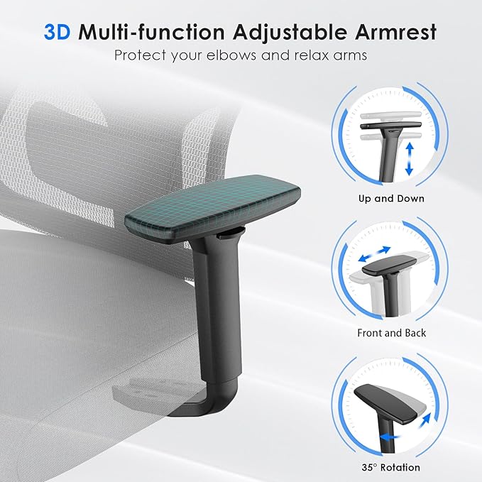 Ergonomic Office Chair with 3D Armrests &amp Adjustable High Back - Reclining Computer Desk Chair with Lumbar Support and Headrest for Gaming and Home Office 350 lbs Capacity (Grey Model C)