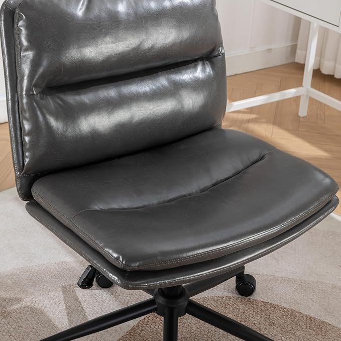 Adjustable Swivel Criss Cross Chair with Wheels Wide Seat Office Chair with PU Leather Computer Desk Chair with Ergonomic Support Modern Vanity Chair for Home &amp WorkspaceGray