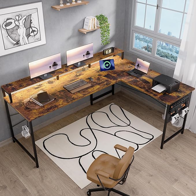 Pamray 64 Inch L Shaped Gaming Desk with Power Outlets and Led Lights Large Corner Computer Desk with Monitor Stand and Pegboard PC Table for Home Office and Bedroom Vintage