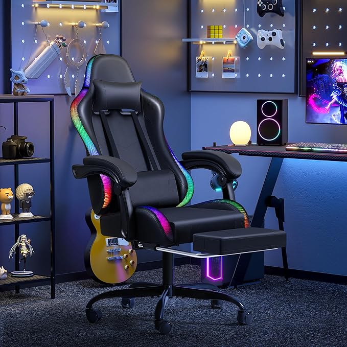 Furmax Gaming Chair with RGB LED Lights Video Game Chair with Footrest and Massage Lumbar Support High Back Reclining Computer Chair with Headrest Swivel Seat Gamer Chair (LED Black)