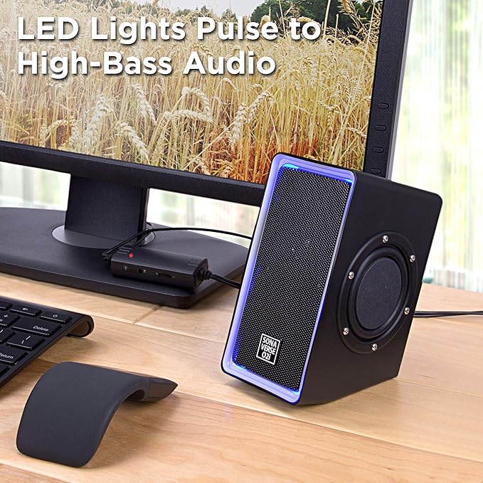 GOgroove Gaming Computer Speakers with Blue LED Light - SonaVERSE O2i Speakers for Desktop Laptop PC - USB Speaker 2.0 with AUX Input in-Line Volume Control Bass Stereo Sound 14W (Black)