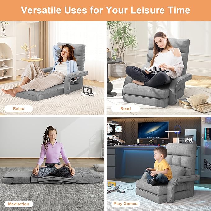 Floor Gaming Chair with 6 Adjustable Position Foldable Lazy Sofa Chair with Armrest for Adult Comfy Chaise Lounge Indoor Breathable Floor Bed Sleeper for Bedroom Yoga Dorm