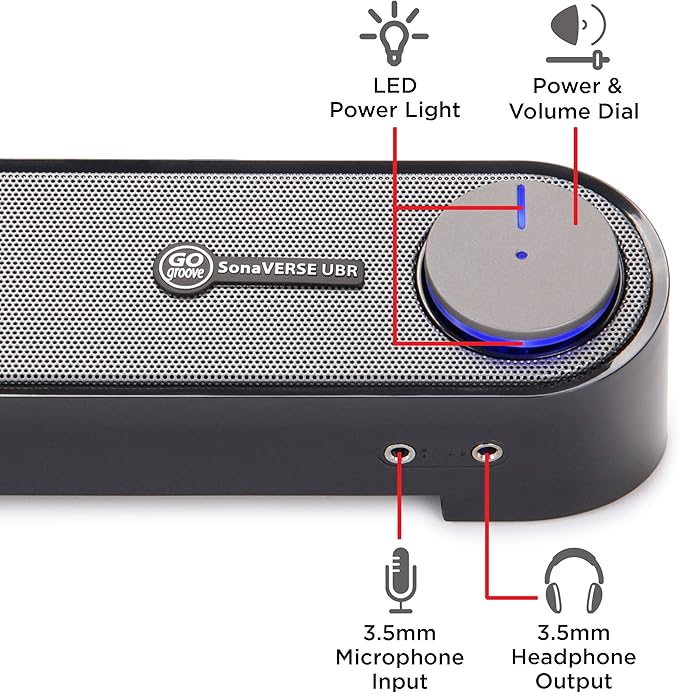 GOgroove Computer Speaker Mini Soundbar - USB Powered PC Sound Bar with Easy Setup Wired AUX Stereo Audio Microphone Port Volume Control Knob Under Monitor Design for Desktop (Black)