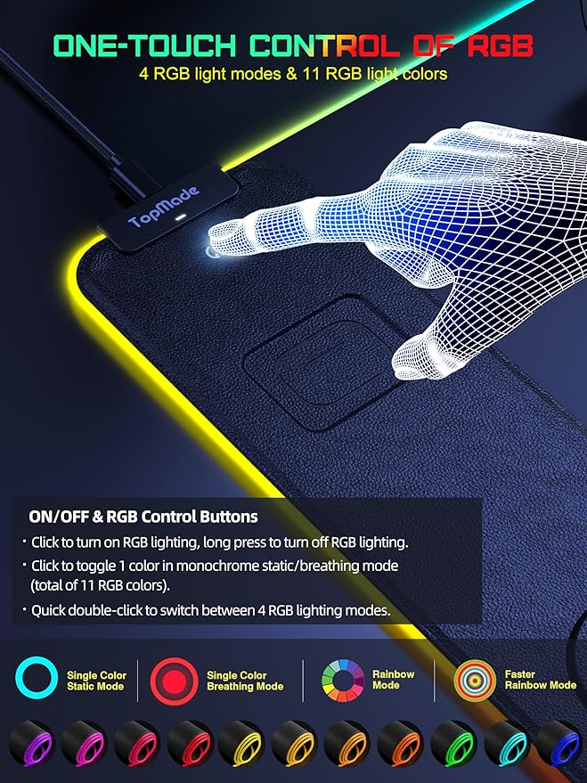 TopMade Wireless Charging RGB Mouse Pad Waterproof Gaming Desk Mat with 4 Light Modes &amp 11 RGB Colors 31.5x15.75 XXL Large Desk Pad(Includes 20W PD Power Adapter &amp 6.56ft Woven Cable)