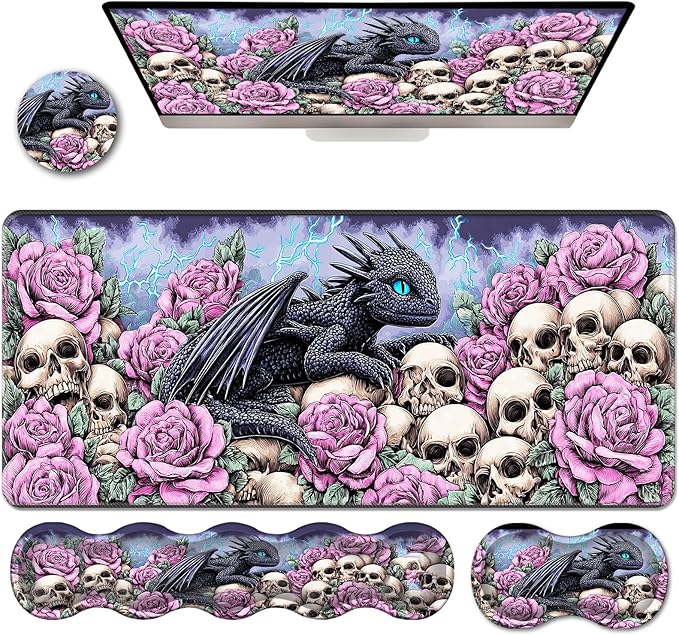 Ergonomic Keyboard Wrist Rest &amp Mouse Pad Wrist Rest SetXL Gaming Desk Mat 31.5x 11.8Non-Slip BaseMemory FoamEasy Typing Pain Relief for Office &amp HomeDragon with Roses Skulls