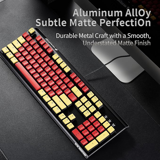 Hexgears GK735 Wired Mechanical Gaming Keyboard Hot-Swappable Full-Size Keyboard with White Backlit + Surround Side Light Strip Aluminum Finish Kailh Clicky Switches (Red-Yellow)