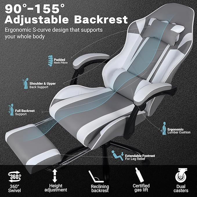 Gaming Chair Ergonomic Computer Chair with Footrest and Lumbar Support Height Adjustable Office Chair with 360° Swivel Seat and Headrest (White)