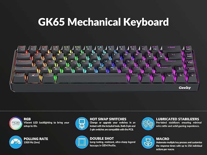 Geeky GK65 65% | Hot Swappable Mechanical Gaming Keyboard | 68 Keys Multi Color RGB LED Backlit for PC/Mac Gamer | ANSI US American Layout (Black Mechanical Speed Silver)