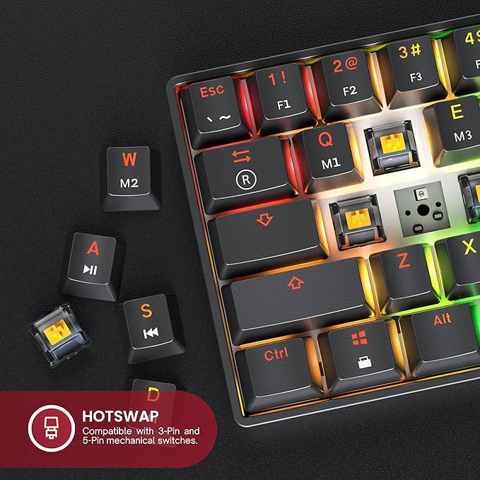 HK GAMING GK61 60% v3 | Hotswap Mechanical Gaming Keyboard | 61 Keys Multi Color RGB LED Backlit for PC/Mac Gamer | US Layout (Black Cherry Mx Brown)