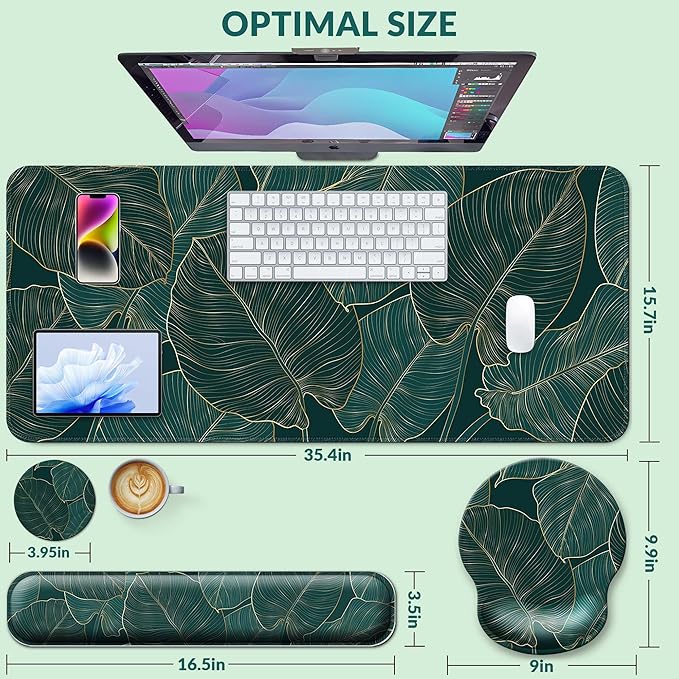 Desk Mat Set + Keyboard and Mouse Pad with Wrist Rest Support4-in-1 Large Mousepad Computer Mats for Desktop Home &amp Office-Green Leaves
