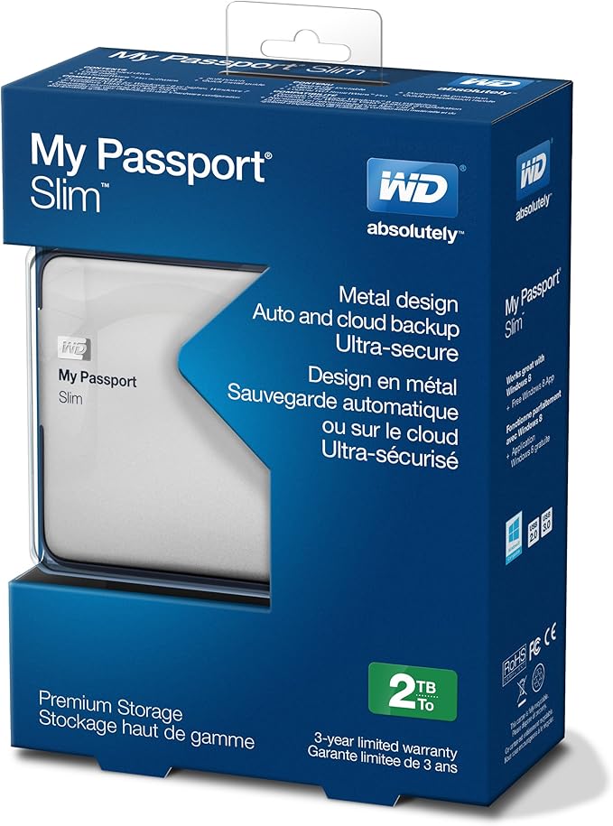 WD My Passport Slim 2TB Portable Metal External Hard Drive USB 3.0 with Auto Backup