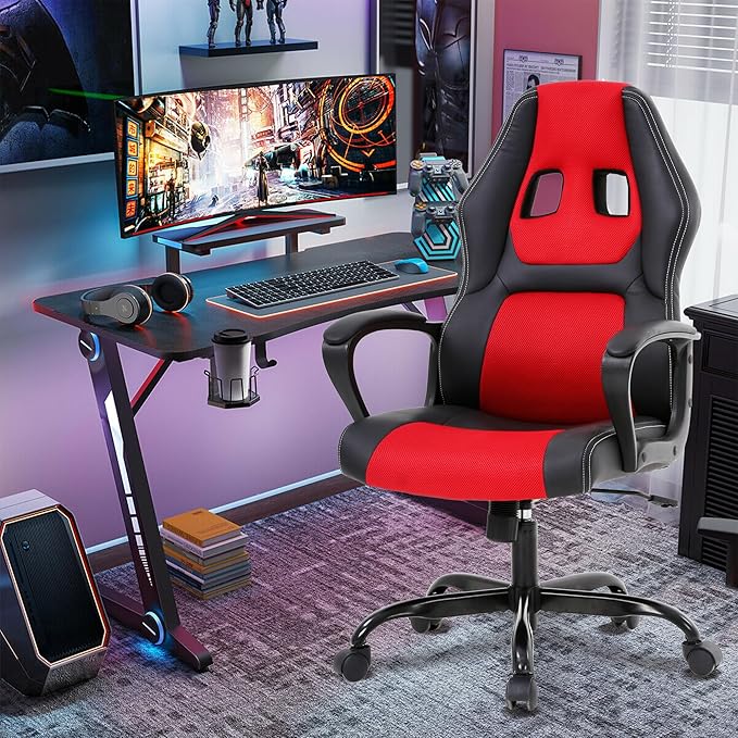 Silla Gamer Ergonomic Massage Gaming Chair - Leather Racing Style Comfortable for Adults &amp Kids - Red