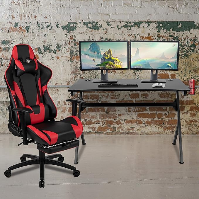 Flash Furniture Optis Black Gaming Desk and Red/Black Footrest Reclining Gaming Chair Set with Cup Holder Headphone Hook &amp 2 Wire Management Holes
