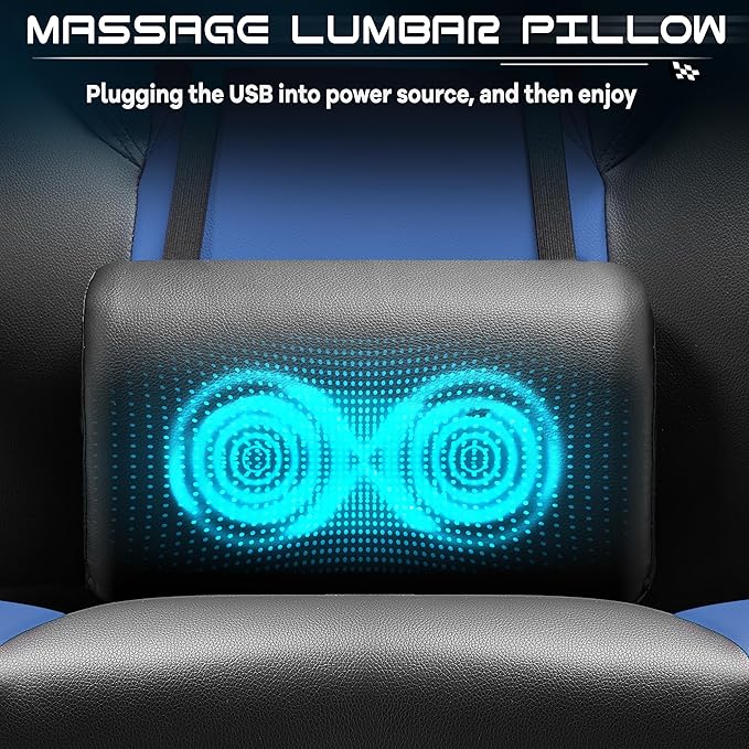 Video Game Chair for Adults Gaming Chair with Footrest Big and Tall Computer Chair with Massage Lumbar Support 330lbs Weight Capacity Adjustable Height 360° Swivel Seat and Headrest (Blue)
