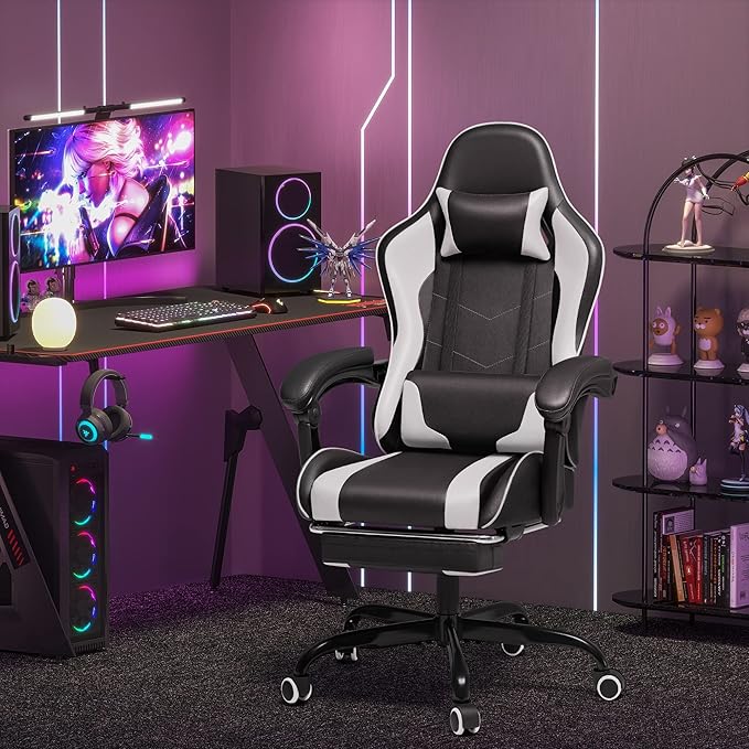 Homall Gaming Chair Video Game Chair with Footrest and Massage Lumbar Support Ergonomic Computer Chair Height Adjustable with Swivel Seat and Headrest (White)