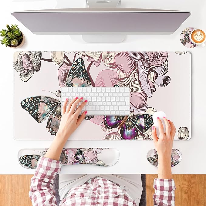 QIYI Leather Desk Mat Set 4-in-1 Large Mouse Pad with Wrist Rest Non-Slip Desk Pad + Keyboard Wrist Rest + Mouse Wrist Support + Coaster Office Desk Accessories Home Decor Supplies Butterflies