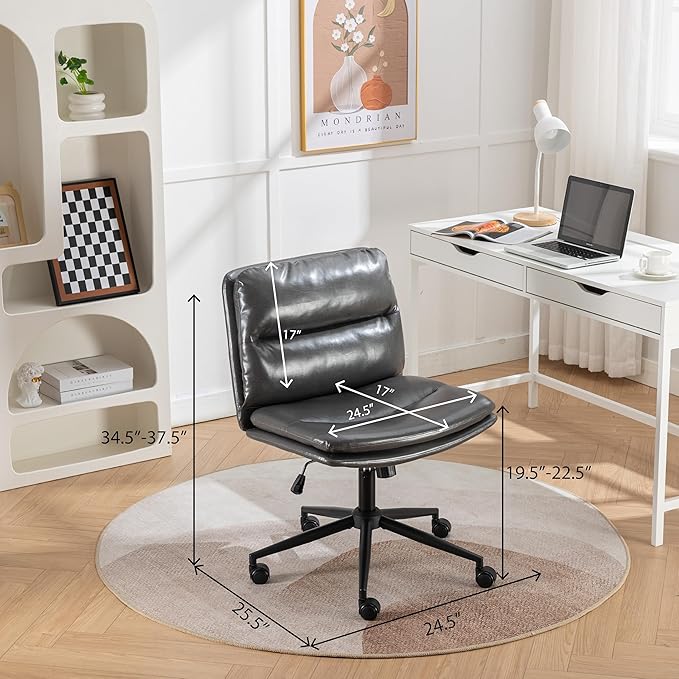 Adjustable Swivel Criss Cross Chair with Wheels Wide Seat Office Chair with PU Leather Computer Desk Chair with Ergonomic Support Modern Vanity Chair for Home &amp WorkspaceGray