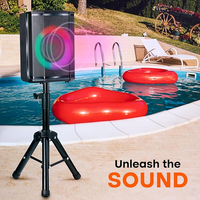 Pyle Portable Bluetooth Speaker with 8 Inch Woofer TWS Function Mic Input USB/Micro SD/FM Radio Colorful Ring Lights 120W Rechargeable Battery Tripod Stand Hi-Fi Sound Indoor/Outdoor Use