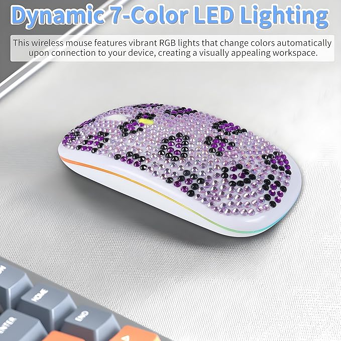 Rechargeable Bluetooth Wireless Mouse with Bling Crystal Rhinestones &amp 7-Color LED Lights - Silent Dual Mode Wireless Mouse for Laptops PCs and Macs - Perfect for Office Travel &amp Home Use (