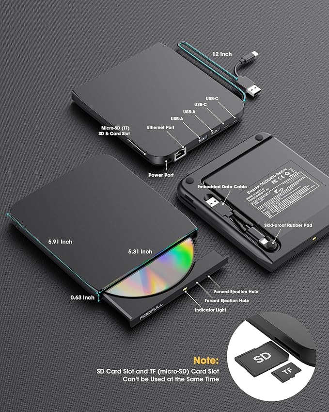 ROOFULL New USB 3.0 External CD DVD Drive with Ethernet Adapter USB-A/C Ports SD/TF Card Slot Carrying Case USB-C CD DVD Reader Burner Writer Player Optical Disc Drive for Windows &amp Mac Laptop