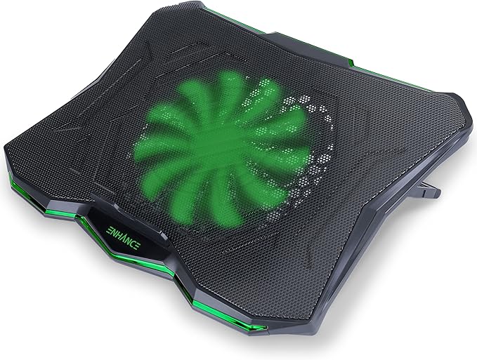 ENHANCE Cryogen 5 Gaming Laptop Cooling Pad Stand - Laptop Cooler with 7 Adjustable Height Settings &amp Dual USB Ports up to 17 inches - 1 Ultra Quiet High Performance LED Fan 800 RPM - Green