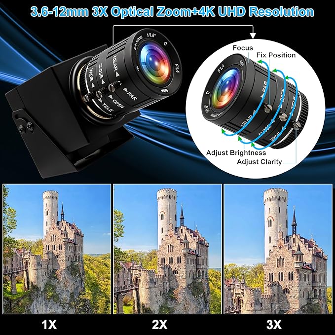 ELP 4K USB HDMI Camera Manual Zoom Webcam Variable Focus PC Camera Mini Close-up Camera for Computer H.264 Telescope USB Security Camera 8mp IMX415 Industrial CCTV Camera (3.6-10mm 3X Zoom Lens)