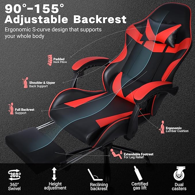 Gaming Chair Ergonomic Computer Chair with Footrest and Lumbar Support Height Adjustable Office Chair with 360° Swivel Seat and Headrest (Red &amp Black)