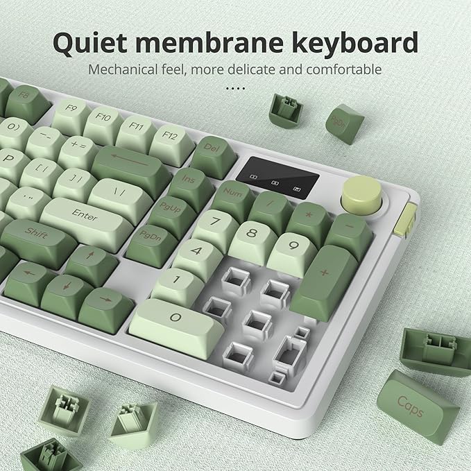 Owpkeenthy 96% Wireless Matcha Green Keyboard with Number Pad Knob 98 Keys Silent Mechanical Feeling Membrane Creamy Gaming Keyboard 3-Mode Wired/Bluetooth 5.0/2.4G for Win/Mac(98 Matcha)