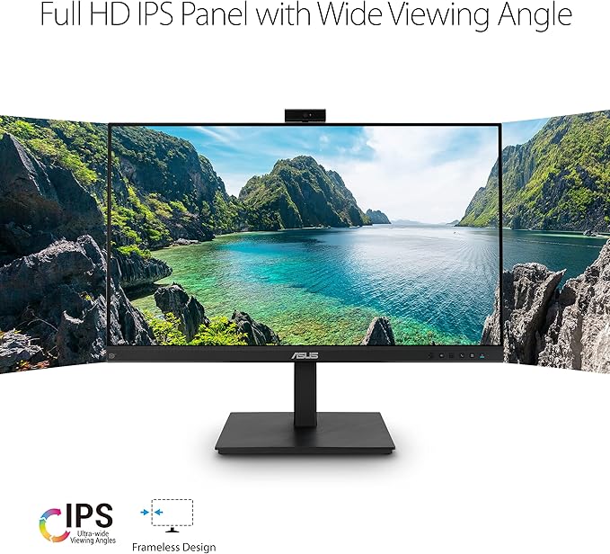 ASUS 27” 1080P Video Conference Monitor (BE279QSK) - Full HD IPS Built-in Adjustable 2MP Webcam Mic Array Speakers Eye Care Wall Mountable Frameless HDMI DisplayPort VGA Height Adjustable
