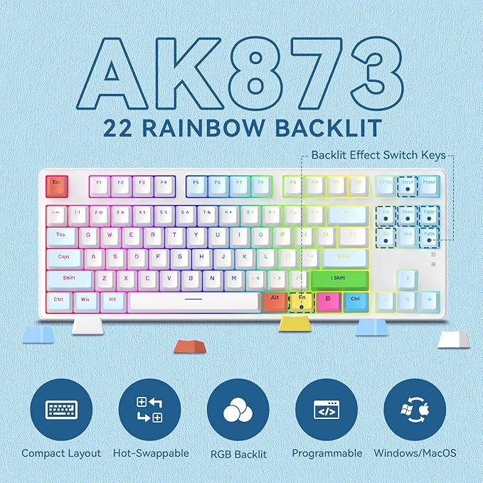 MAGIC-REFINER AK873 75% Wired Mechanical Gaming Keyboard Anti-ghosting Blue Switch8Pcs DIY Sublimation Color keycapsRainbow LED Backlist for PC Xbox PS4Mac Users(Blue White)