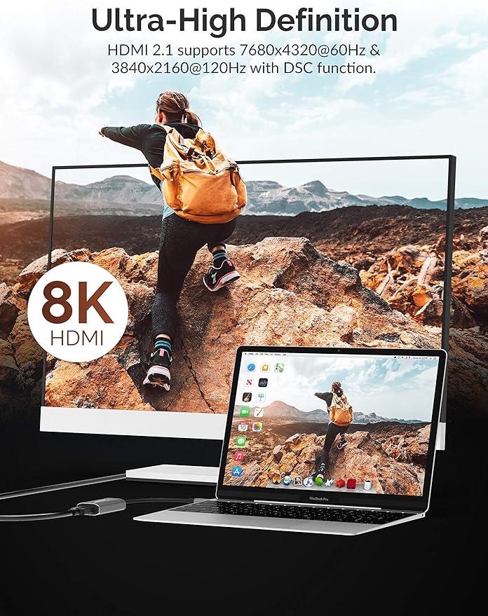 SABRENT USB Type C to HDMI 2.1 Adapter | 8K/60Hz &amp 4K/120Hz with DSC Function | 8K/30Hz &amp 4K Resolution Without DSC | Thunderbolt 3 Compatible (DA-UCH8)