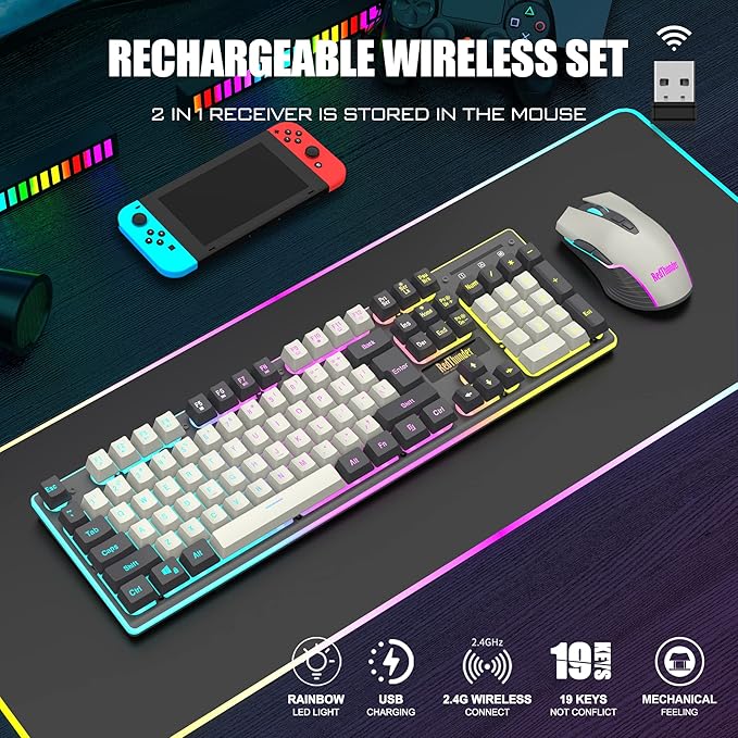 RedThunder K10 Pro Wireless Gaming Keyboard and Mouse Combo RGB Backlit Rechargeable 3800mAh Battery Mechanical Feel Anti-ghosting Keyboard + 7D 3200DPI Mice for PC Gamer(White Gray)