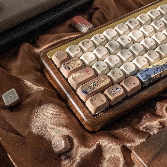 OHY XVX MOA Profile Japanese Fuji Mountain Theme PBT Keycaps Set 140-Key Coffee &amp Cream Custom Keycaps for US Layout Mechanical Keyboards (Brown/Beige Design with Key Puller)