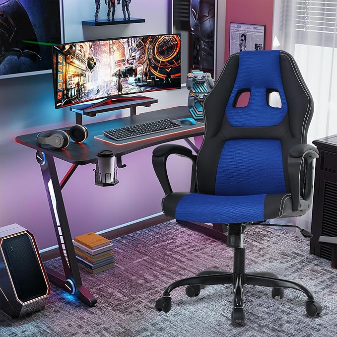Silla Gamer Ergonomic Massage Gaming Chair - Blue Leather Desk Chair for Adults and Kids