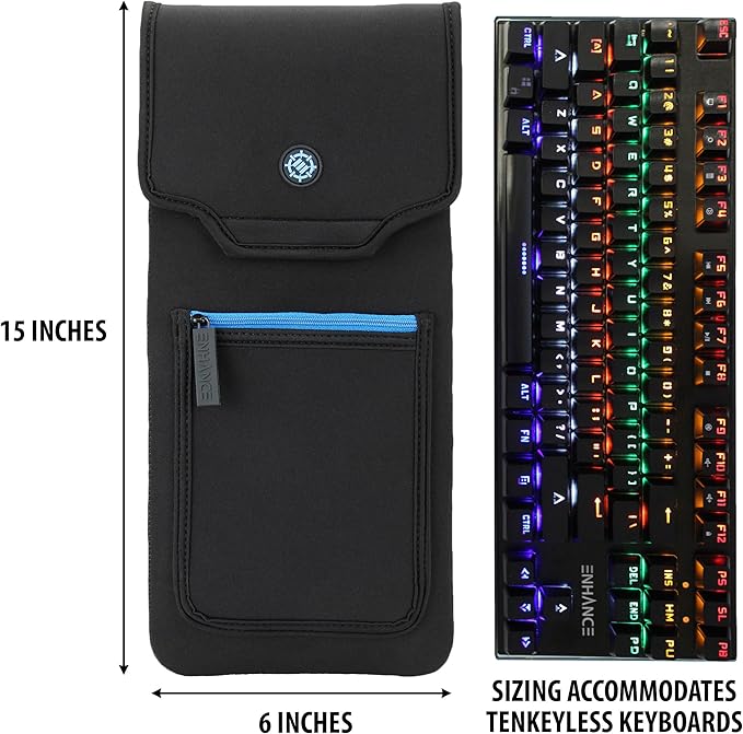 ENHANCE Keyboard Sleeve Travel Case for TKL Tenkeyless Compact Tournament eSports Gaming Keyboards (up to 15 Inches) - Rugged Neoprene Construction  Zipper Mouse Storage and Cable Storage Pouch
