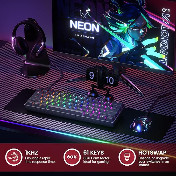 Mechanical Gaming Keyboard - 61 Keys Multi Color RGB Illuminated LED Backlit Wired Programmable for PC/Mac Gamer (Gateron Optical Silver Black)
