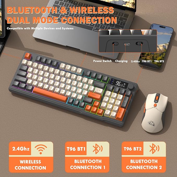 ZIYOU LANG T96 Wireless Gaming Keyboard and Mouse ComboDual Bluetooth//2.4G RGB Backlit Mechanical Feeling Keyboard with Smart Display &amp Knob4000 DPI Gaming Mouse for PC Laptop Mac Wins-Shimmer