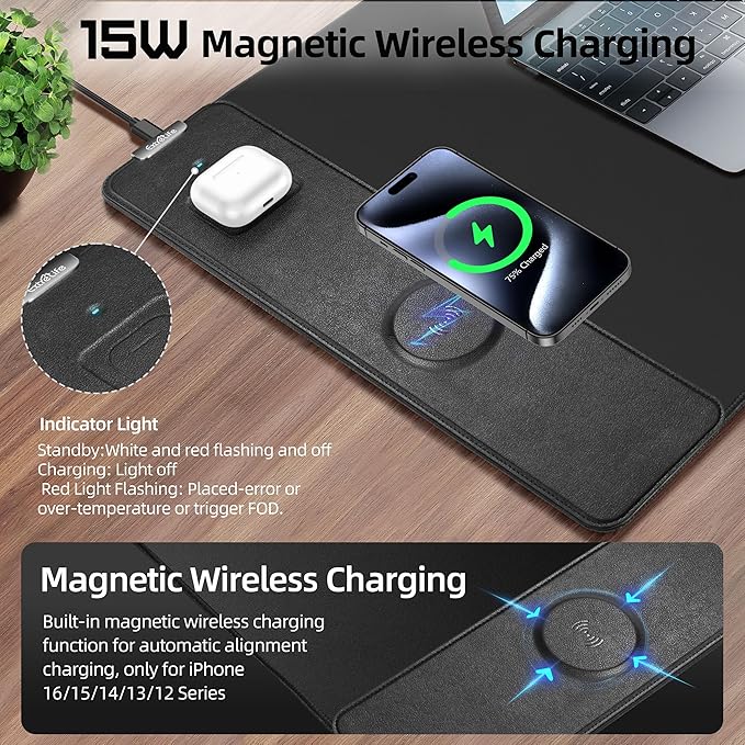 Mouse Pad with Wireless Charging Gaming Mouse Pad with Ultra-Smooth Surface Large XXL Desk Mat Non-Slip Mouse Mat Waterproof Computer Keyboard Pad for Gaming Desk Office PC 900x400x4MM Black