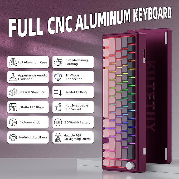 KY65 Wireless Mechanical Keyboard65% Gasket Hot Swappable Custom KeyboardRGB BacklitPre-lubed Gateron SwitchesSide Printed PBT Keycaps2.4GHz/TYPE-C/BT5.0 Mechanical Gaming Keyboards Pink&ampBla