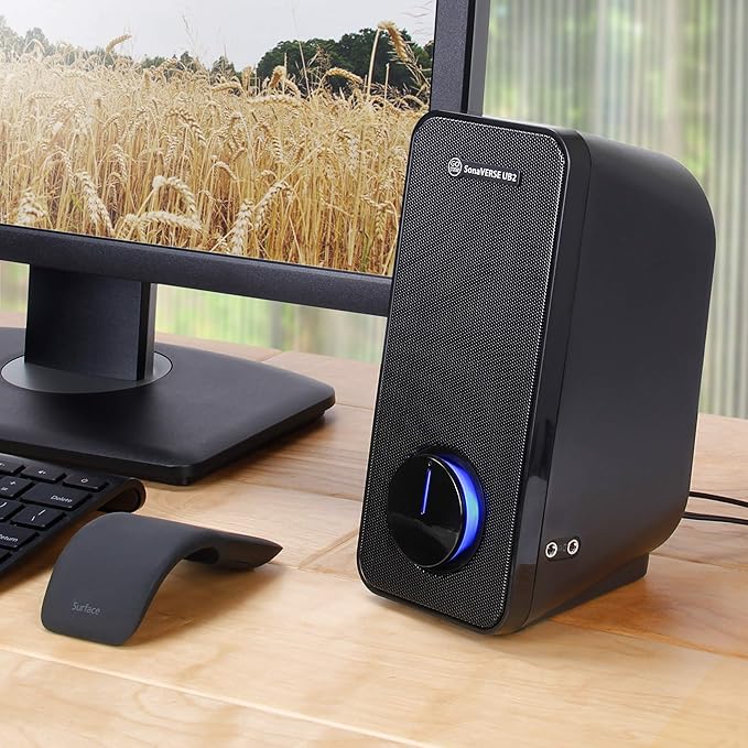 GOgroove Computer Speakers for Desktop and Laptop - USB Speakers for Desktop Computer with Loud and Clear 2-Way Drivers for 32W of Power and Bass Built-in Headphone &amp AUX Input Ports LED Volume
