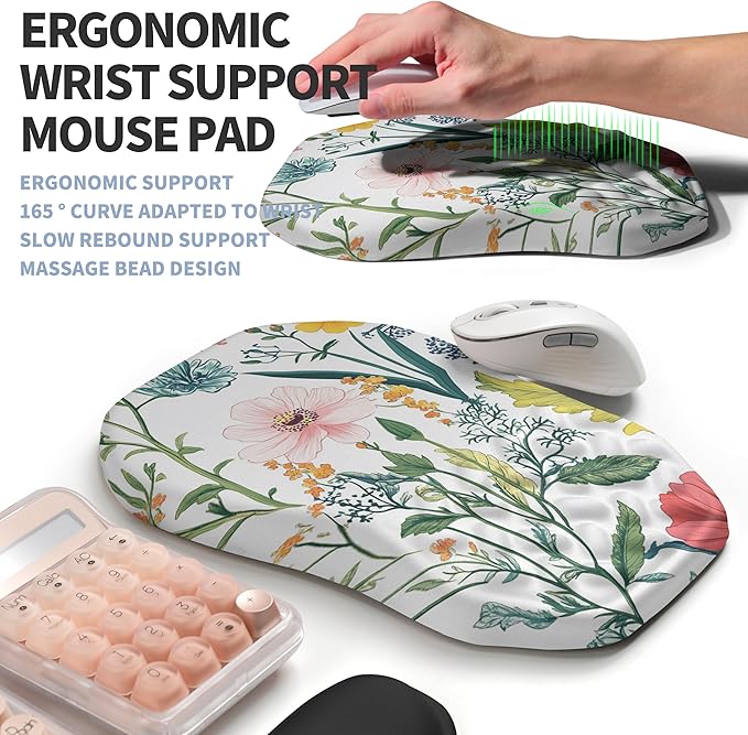 2-in-1 Ergonomic Set Wave Keyboard Wrist Rest and Massage Slope Mouse Pad Wrist Support Rebound Memory Foam for Relieve Carpal Tunnel Syndrome and Wrist Pain (Pink Flowers)